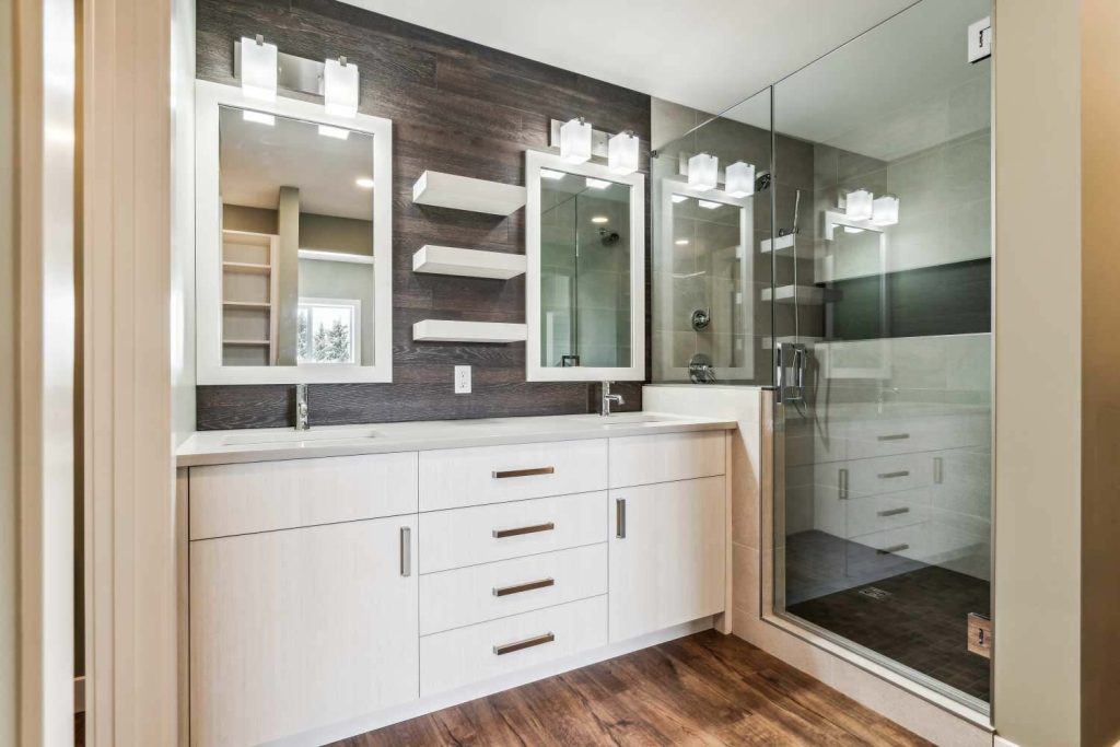 Elegant bathroom with custom millwork and tiling in a rural Alberta home